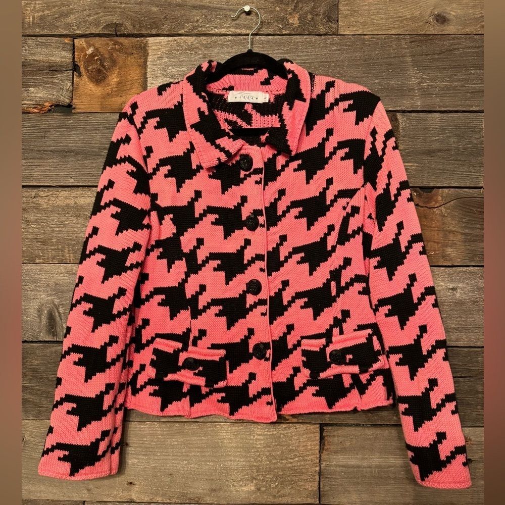 Willow Pink and Black Houndstooth Cardigan Sweater size large